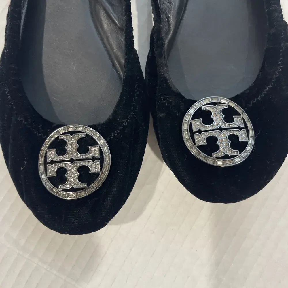 Tory Burch Black Violet Velvet Crystal Embellished Ballet Flats Size 7.5 Shoe